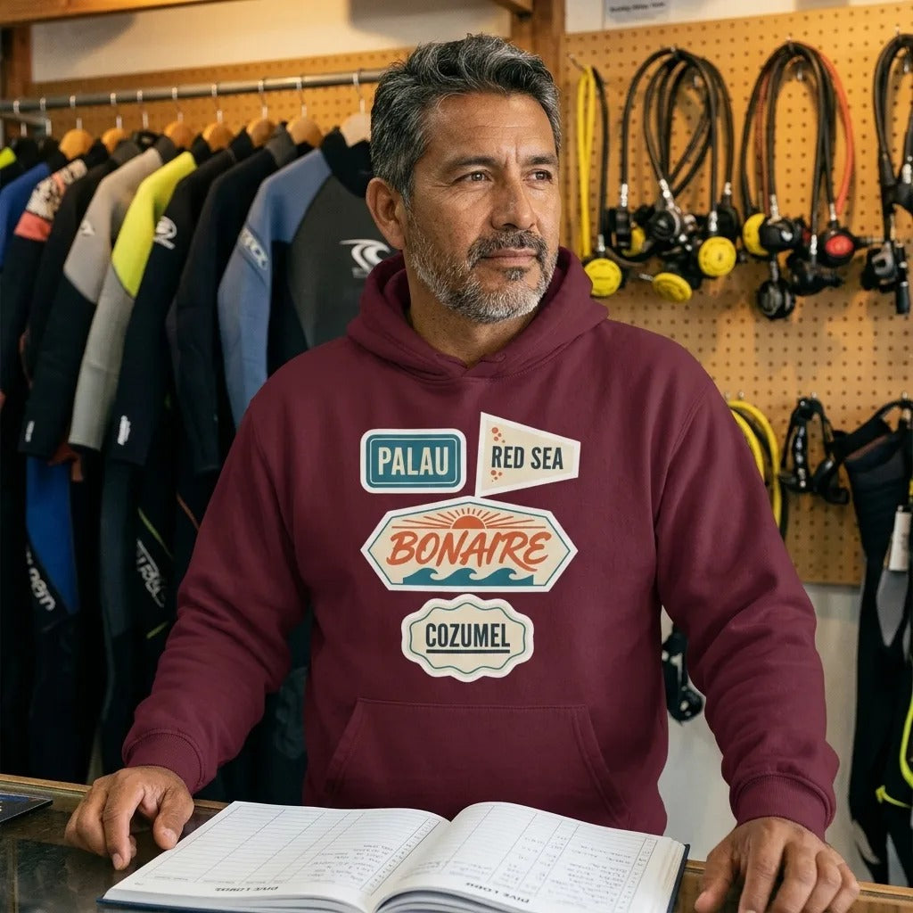 Vintage scuba diving dive sites travel decal hoodie — lifestyle