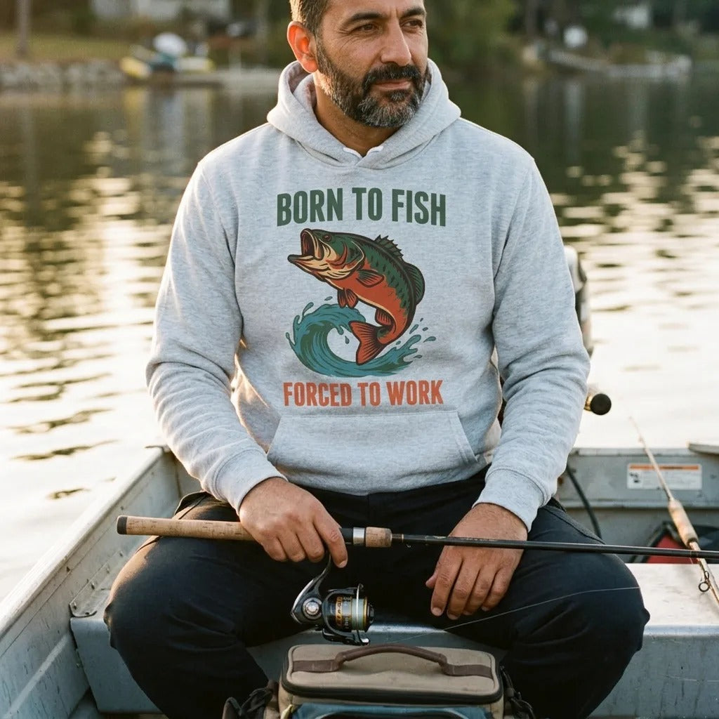 Born to Fish Forced to Work retro fishing humor hoodie — lifestyle