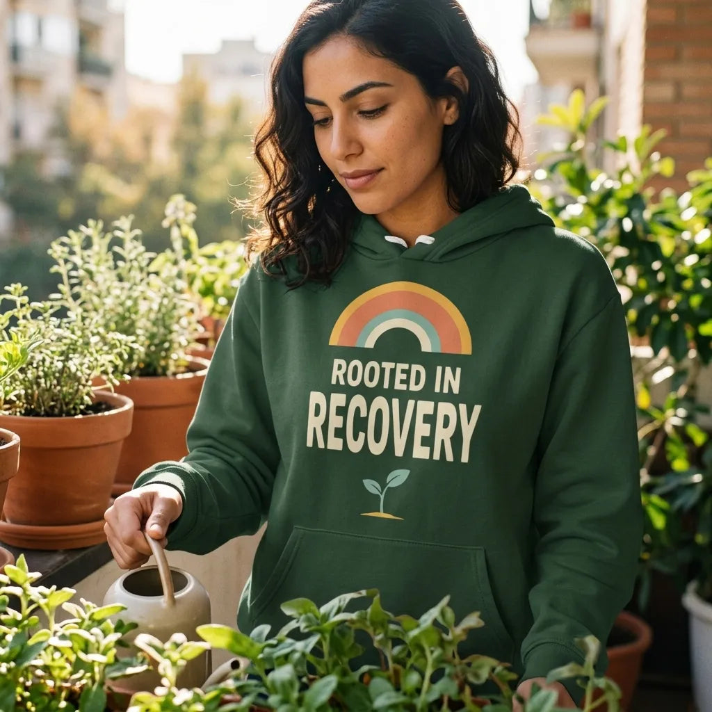 Rooted in Recovery retro rainbow hoodie — lifestyle