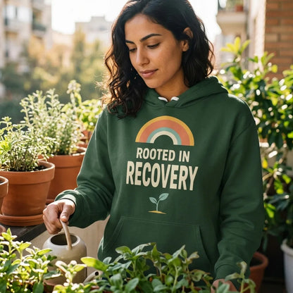 Rooted in Recovery retro rainbow hoodie — lifestyle