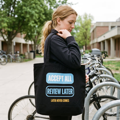 Accept All Review Later canvas tote bag — lifestyle