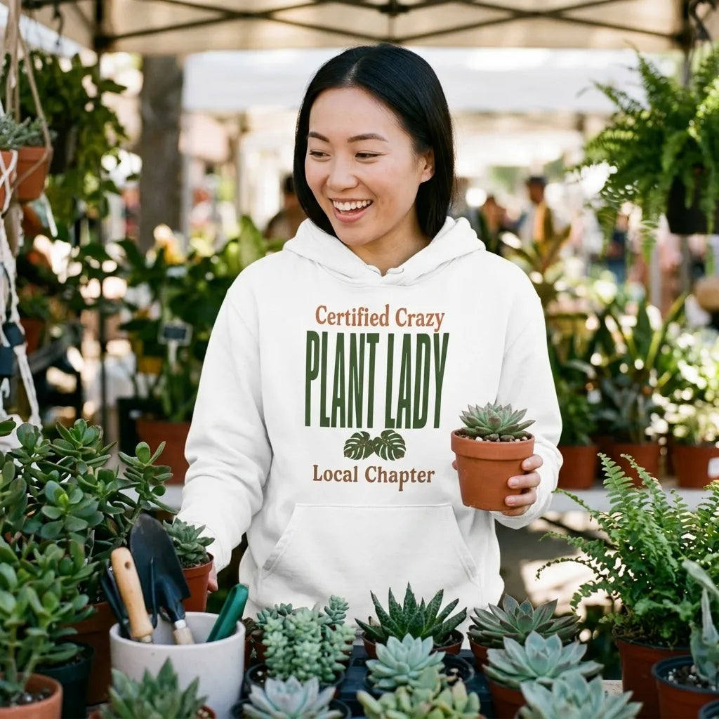 Certified Crazy Plant Lady retro botanical hoodie — lifestyle