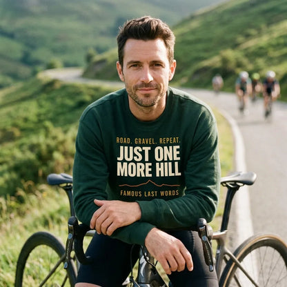 Just One More Hill retro cycling climb crewneck — lifestyle