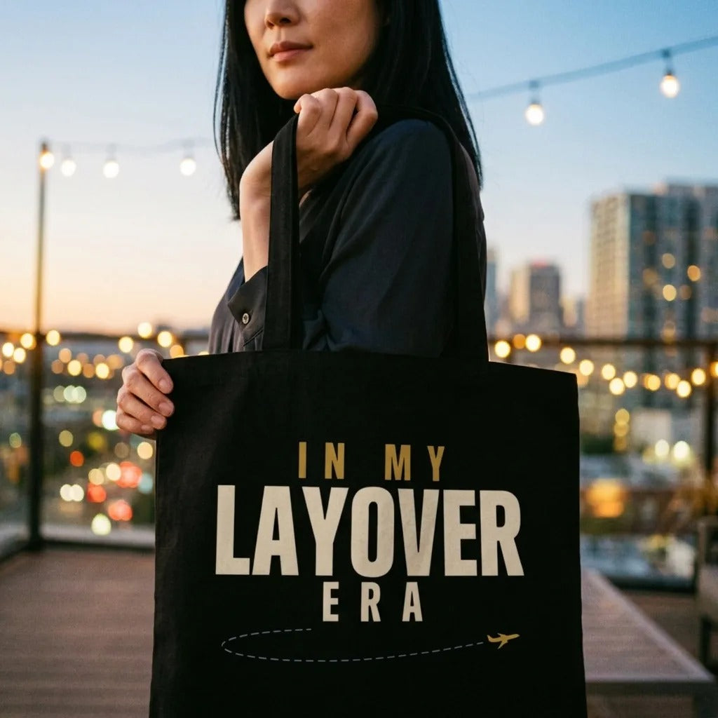 In My Layover Era flight attendant cotton tote bag — lifestyle