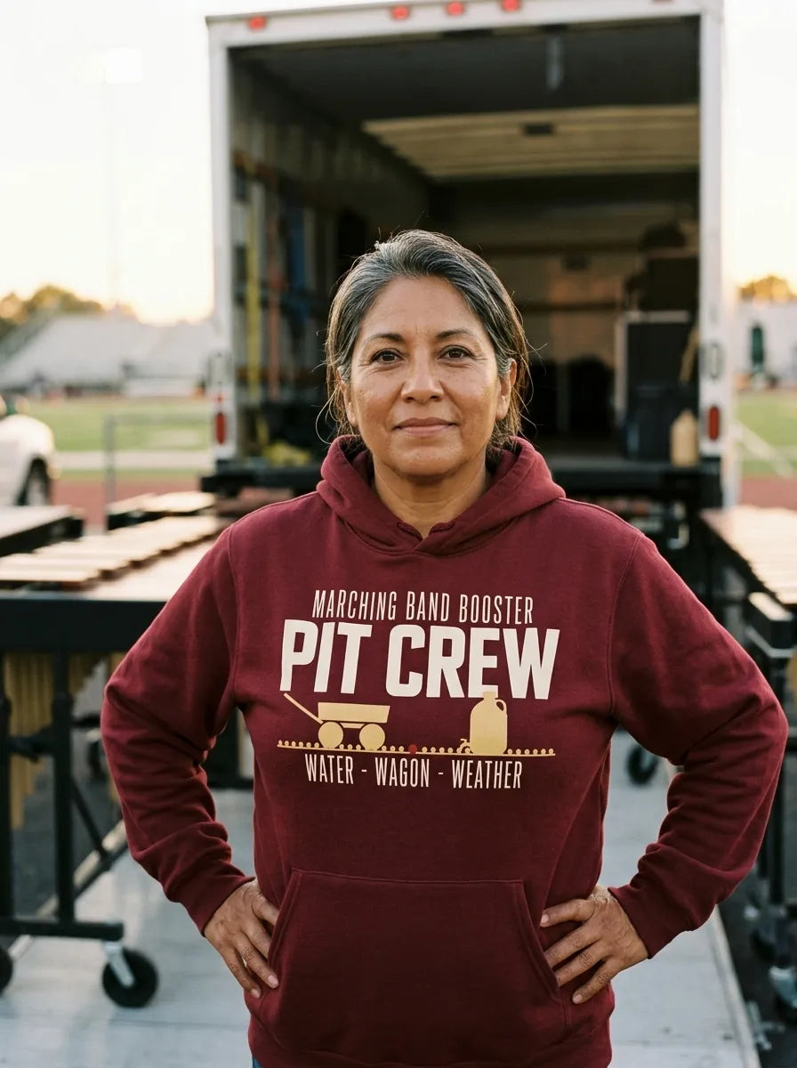 Pit Crew marching band booster hoodie — lifestyle