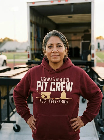 Pit Crew marching band booster hoodie — lifestyle