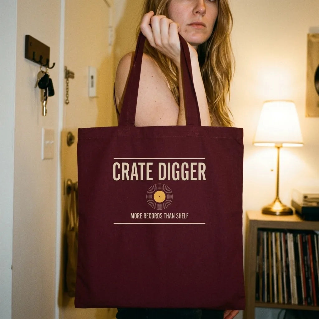 Crate Digger vinyl record cotton tote bag — lifestyle