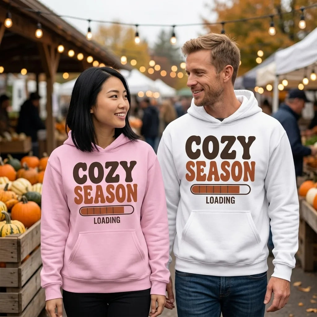 Cozy Season Loading retro 70s fall hoodie — lifestyle