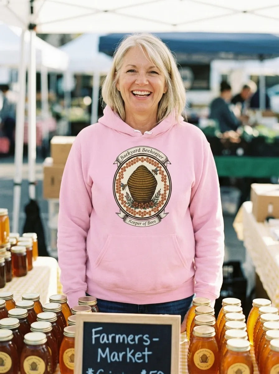 Backyard Beekeeper Keeper of Bees vintage apiary crest hoodie — lifestyle