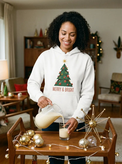 Atomic mid-century retro Christmas tree hoodie — lifestyle