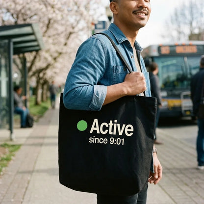 Active Since 9:01 presence status tote bag — lifestyle
