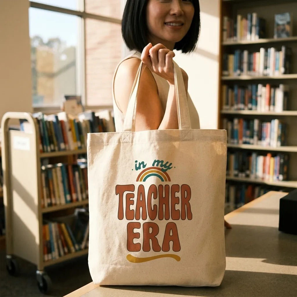 In My Teacher Era retro groovy teacher canvas tote bag — lifestyle