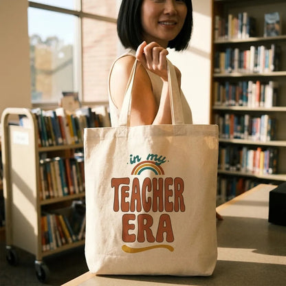 In My Teacher Era retro groovy teacher canvas tote bag — lifestyle
