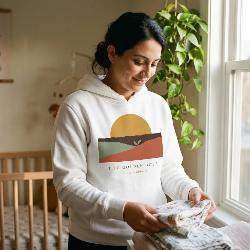 The Golden Hour birth worker doula hoodie — lifestyle