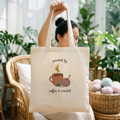 Powered by Coffee and Crochet cottagecore crochet cotton tote bag — lifestyle