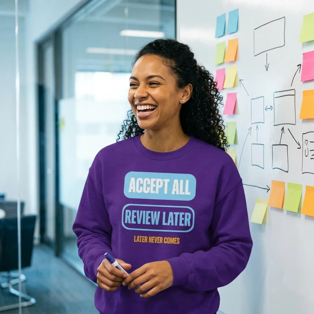 Accept All Review Later crewneck sweatshirt — lifestyle