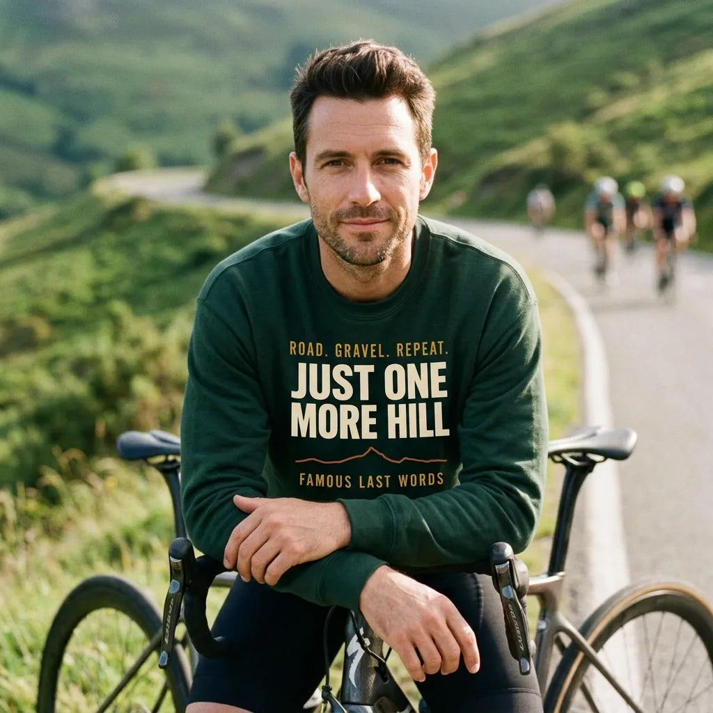 Just One More Hill retro cycling climb crewneck — lifestyle