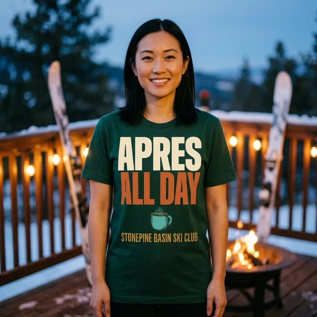 Après All Day Stonepine Basin Ski Club retro apres-ski t-shirt — lifestyle