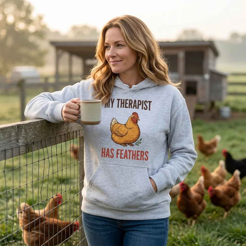 My Therapist Has Feathers funny chicken keeper hoodie — lifestyle