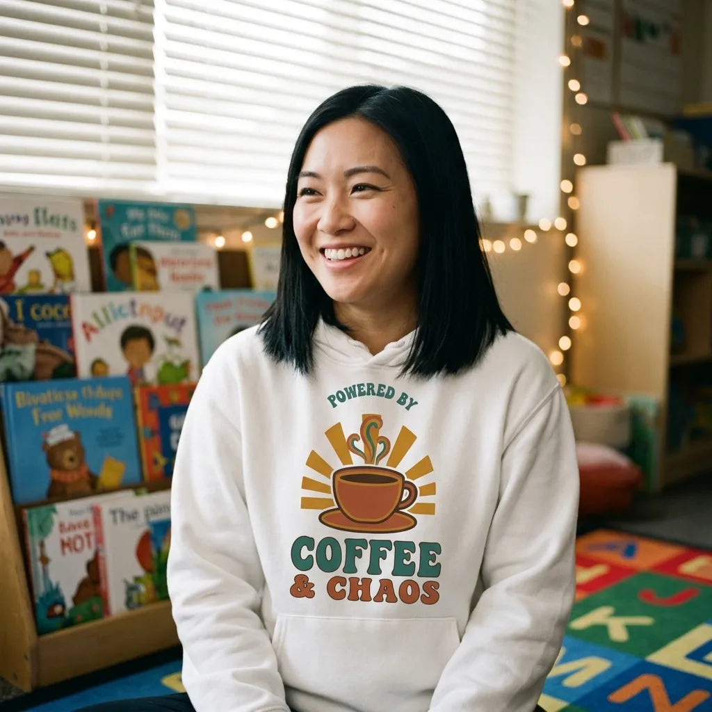Powered By Coffee And Chaos retro groovy teacher hoodie — lifestyle