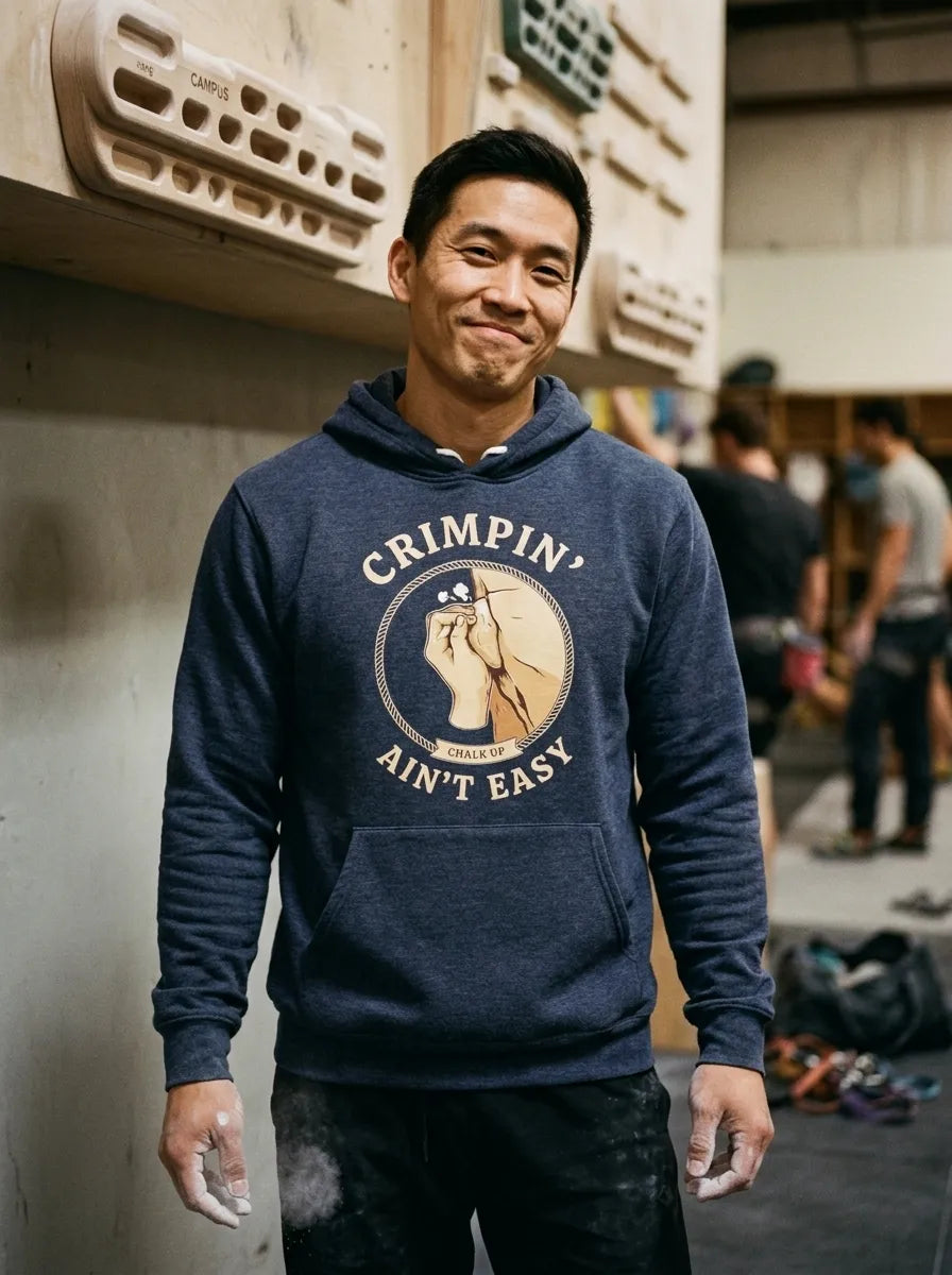 Crimpin' Ain't Easy bouldering badge hoodie — lifestyle