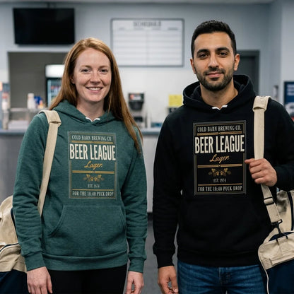 Beer League Cold Barn Brewing lager hoodie — lifestyle