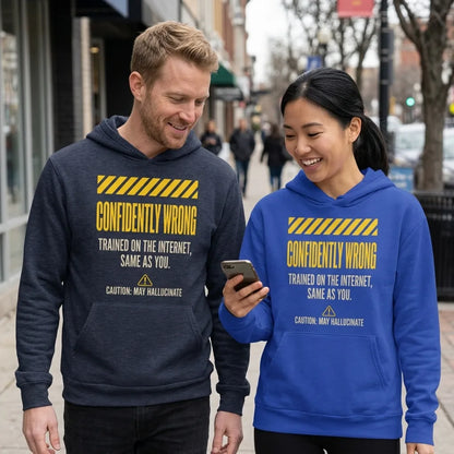 Confidently Wrong AI hazard-label pullover hoodie — lifestyle