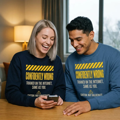 Confidently Wrong AI hazard-label crewneck sweatshirt — lifestyle
