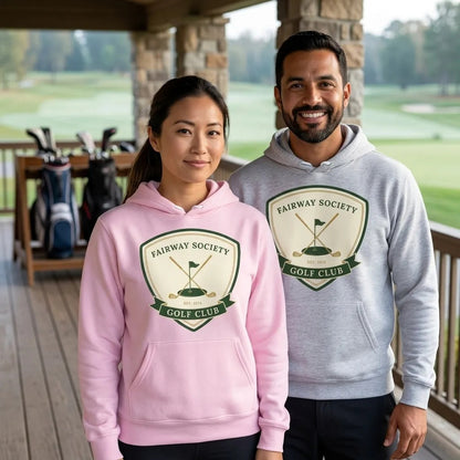 Fairway Society vintage golf club crest hoodie — lifestyle