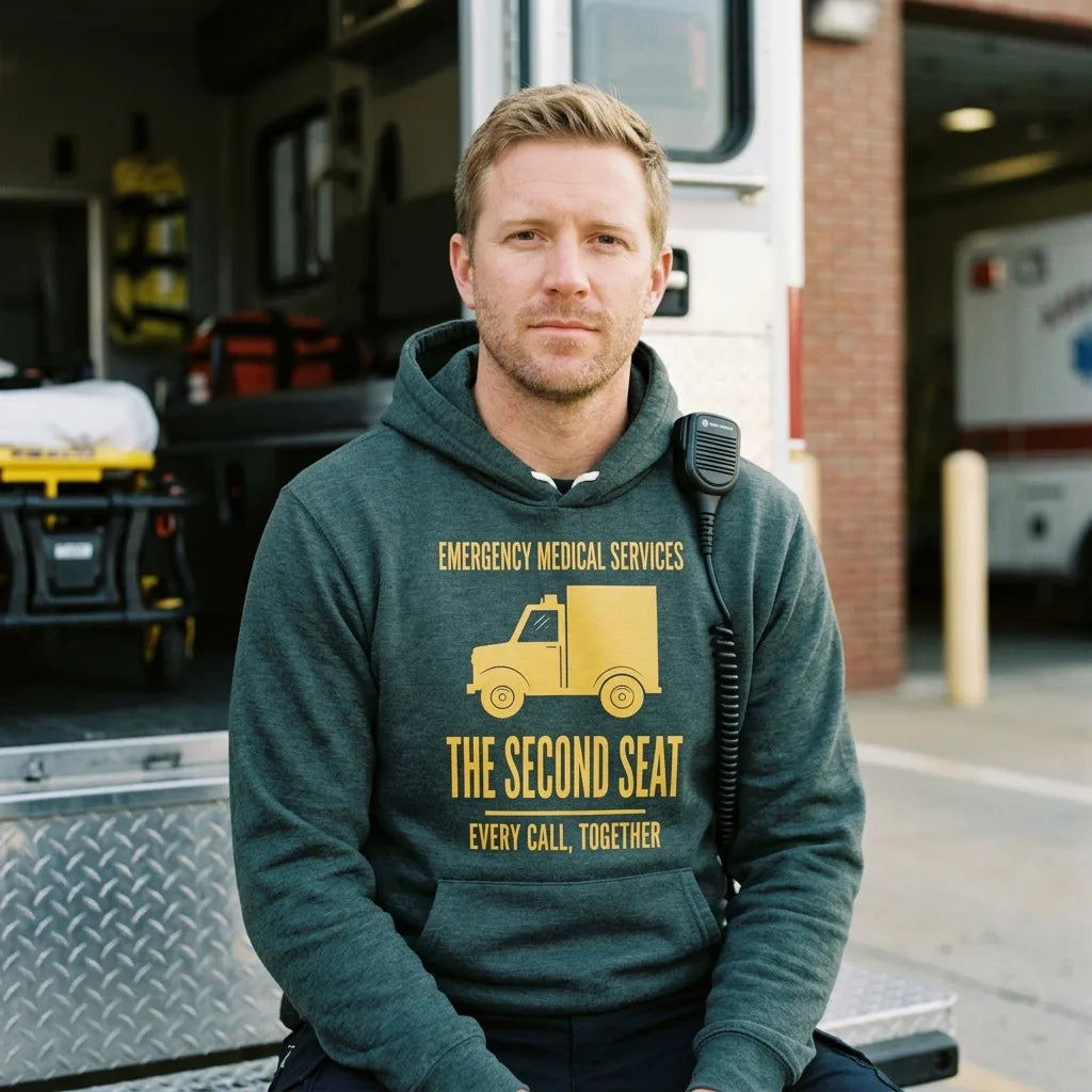 The Second Seat EMS paramedic hoodie — lifestyle