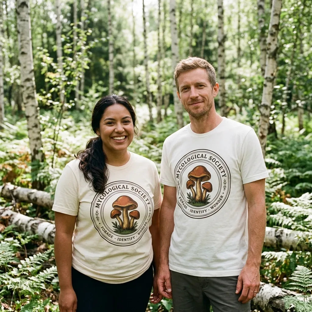 Mushroom Foraging Mycological Society vintage botanical tee — lifestyle