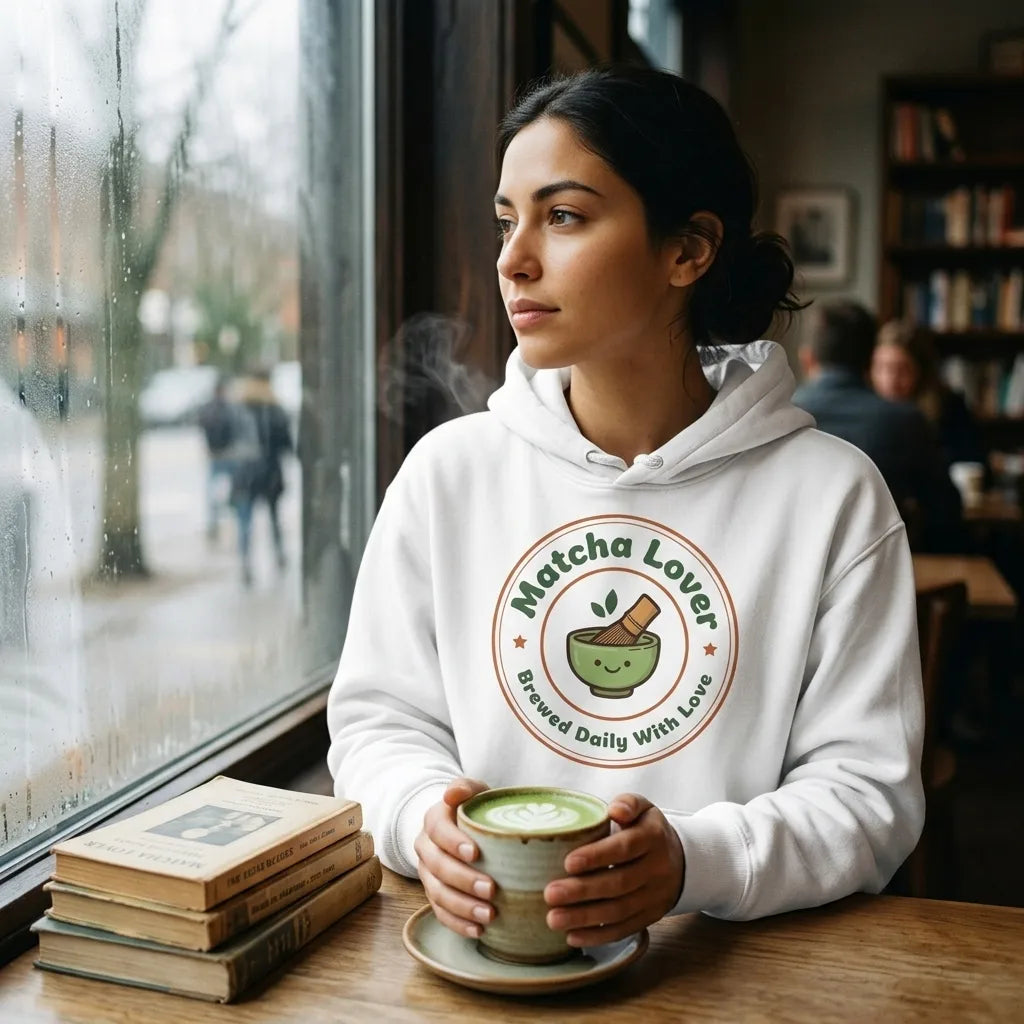 Matcha Lover retro café badge hoodie — lifestyle