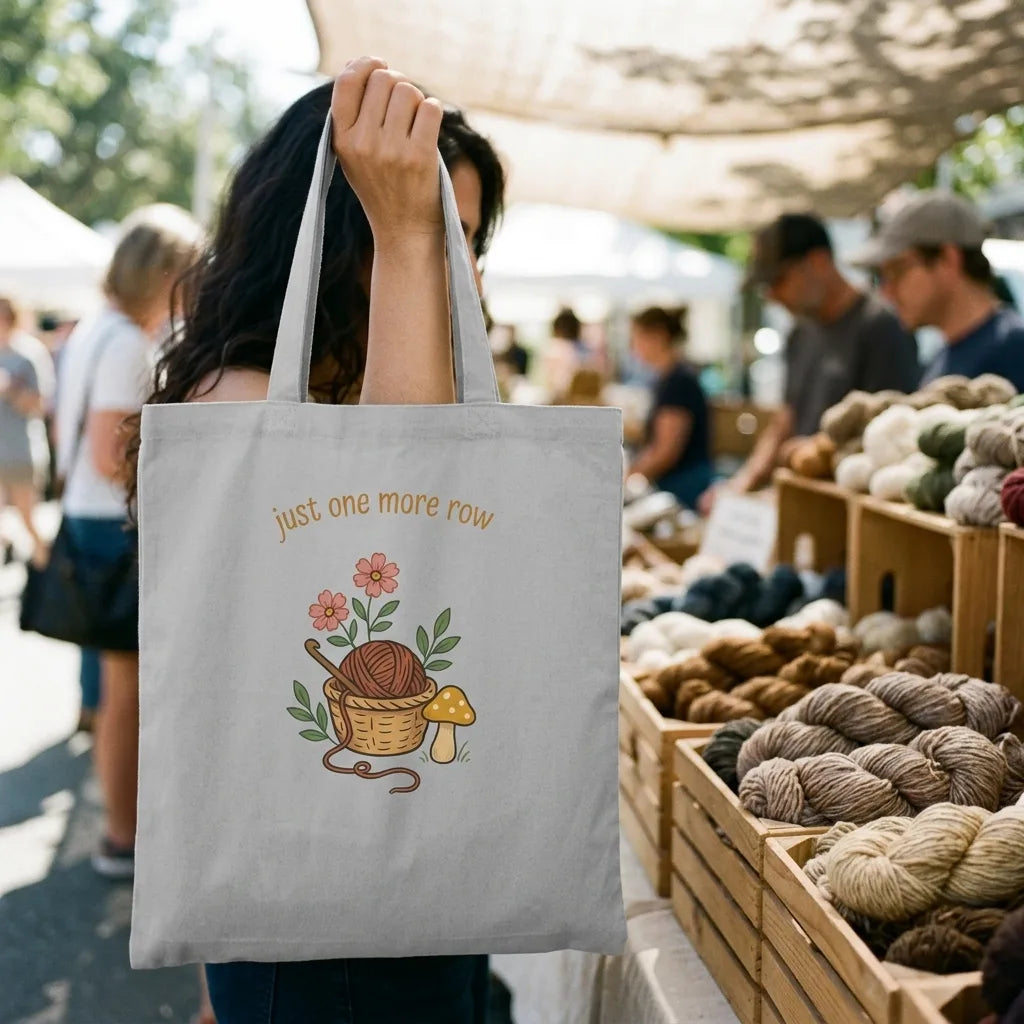 Just One More Row crochet cottagecore cotton tote bag — lifestyle