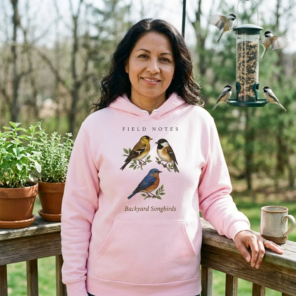 Backyard Songbirds vintage field-guide hoodie — lifestyle