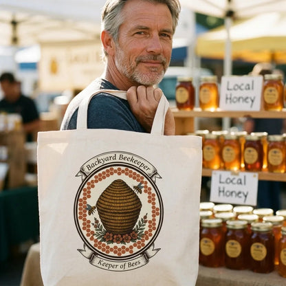 Backyard Beekeeper Keeper of Bees vintage apiary crest cotton tote bag — lifestyle