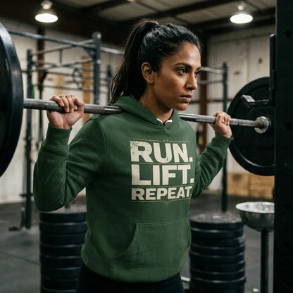 Run Lift Repeat vintage athletic hoodie — lifestyle