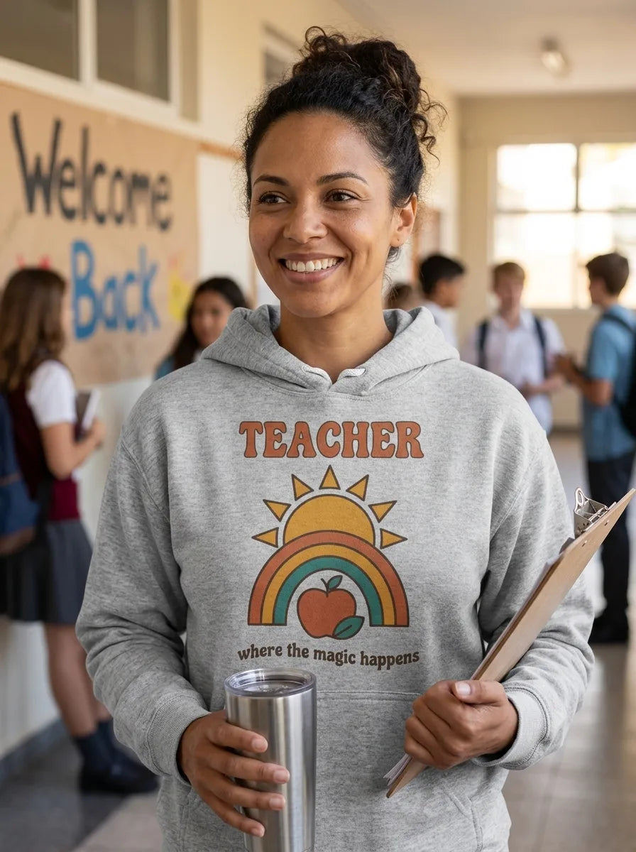 Teacher Where The Magic Happens retro groovy teacher hoodie — lifestyle