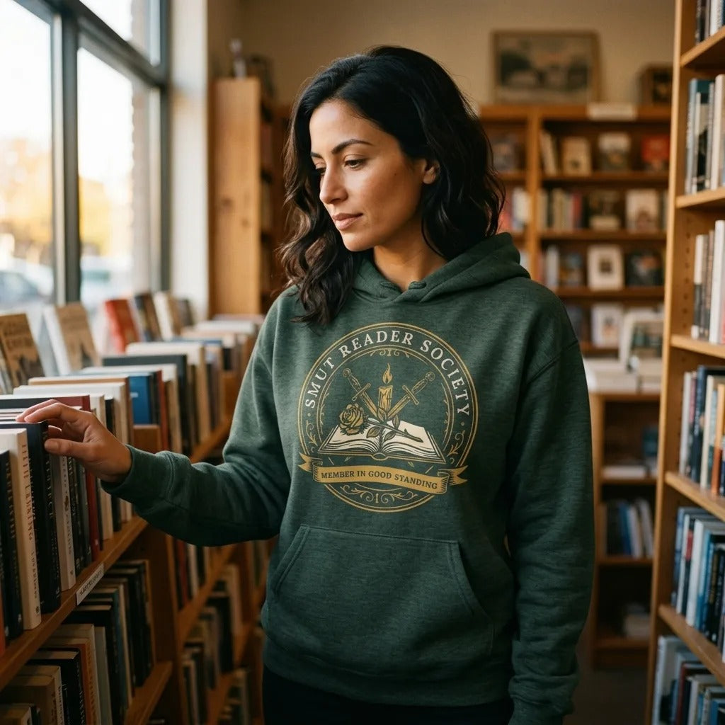 Smut Reader Society book lover dark academia hoodie — lifestyle