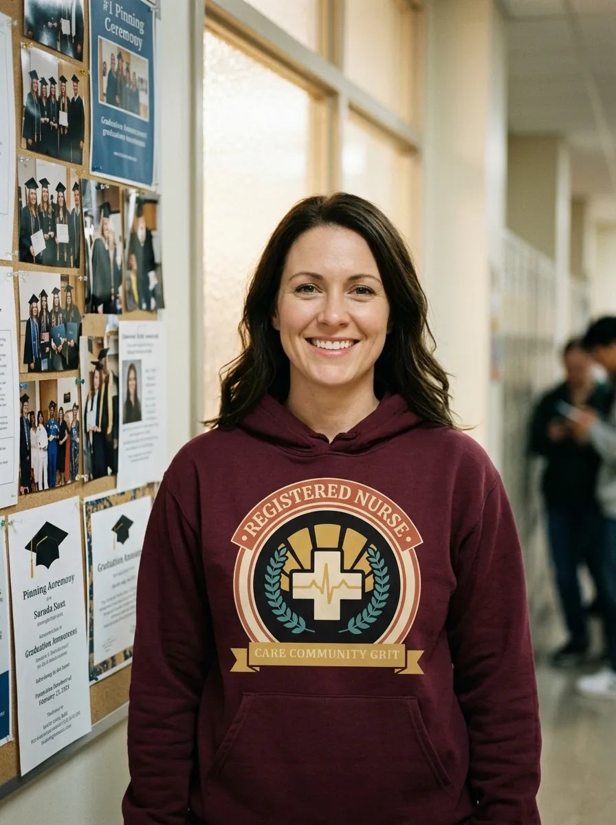 Registered Nurse vintage healthcare emblem badge hoodie — lifestyle