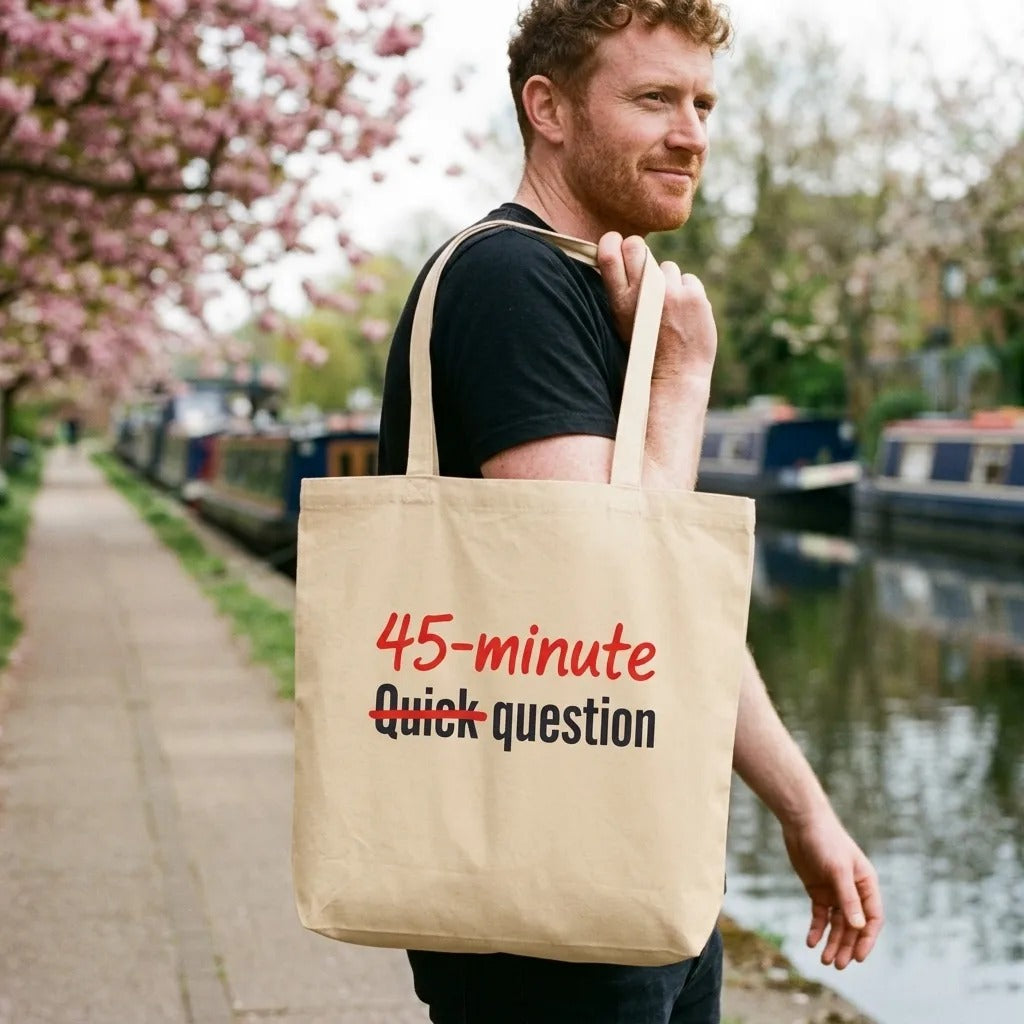 Quick Question funny office humor tote bag — lifestyle