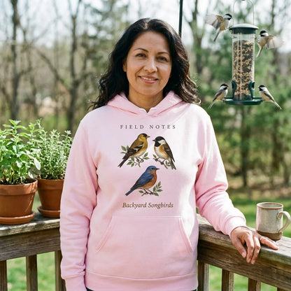 Backyard Songbirds vintage field-guide hoodie — lifestyle