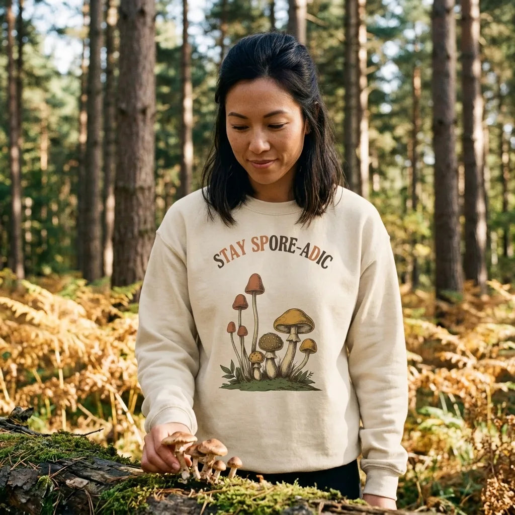 Stay Spore-adic funny vintage mushroom crewneck — lifestyle