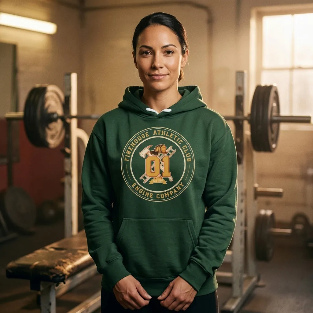 Firehouse Athletic Club retro firefighter emblem hoodie — lifestyle