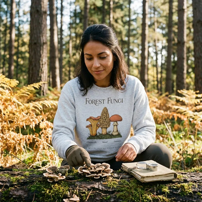 Forest Fungi vintage mushroom field guide crewneck — lifestyle