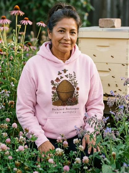 Backyard Beekeeper field-guide bee hoodie — lifestyle