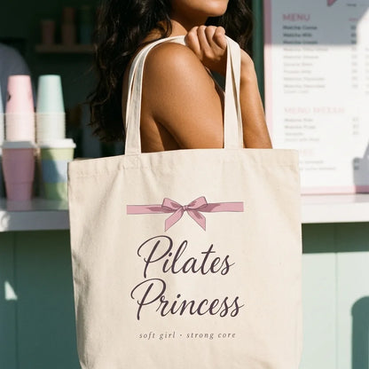 Pilates Princess coquette bow canvas tote bag — lifestyle
