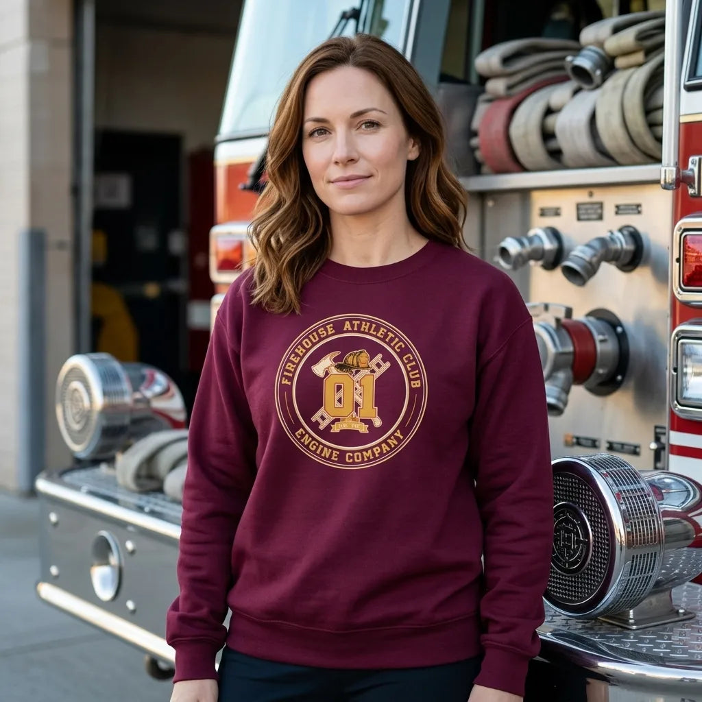 Firehouse Athletic Club retro firefighter emblem crewneck sweatshirt — lifestyle