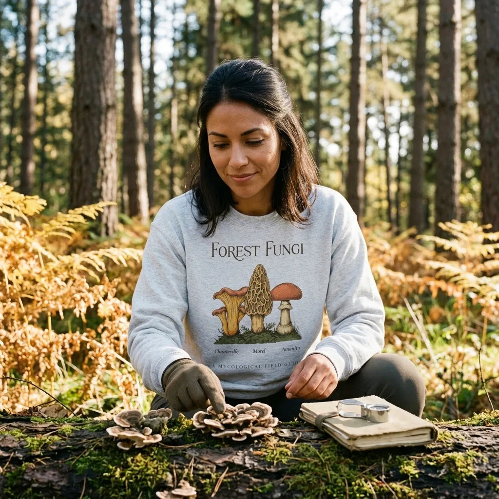 Forest Fungi vintage mushroom field guide crewneck — lifestyle