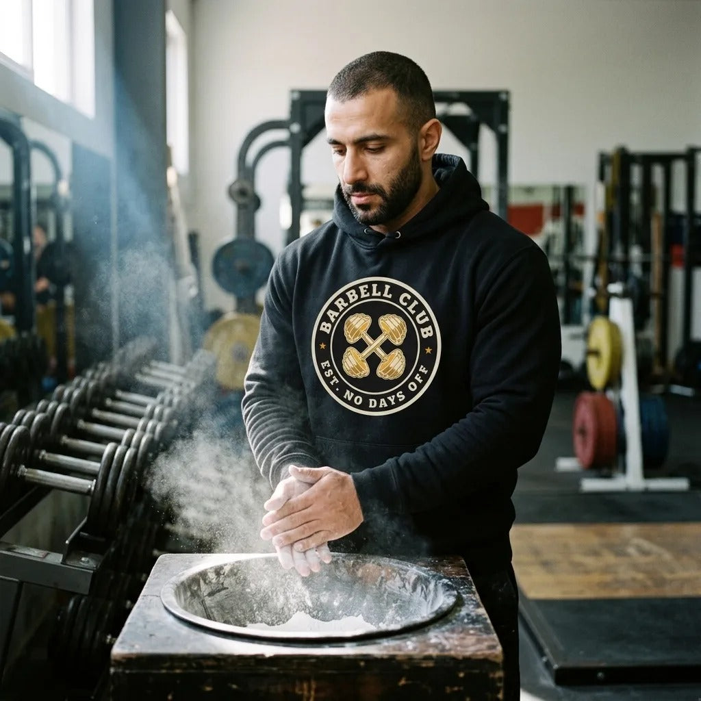 Barbell Club No Days Off vintage gym hoodie — lifestyle
