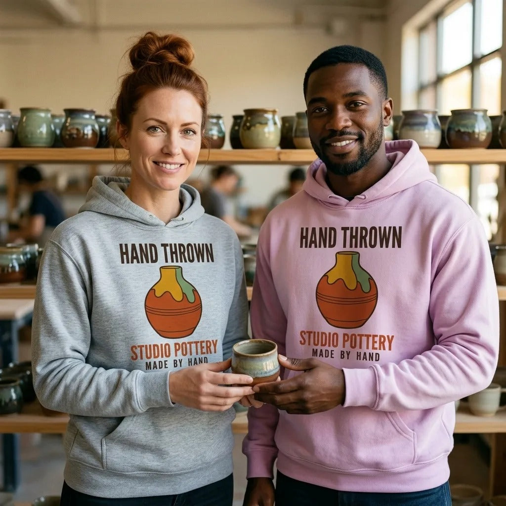 Hand Thrown Studio Pottery retro poster hoodie — lifestyle